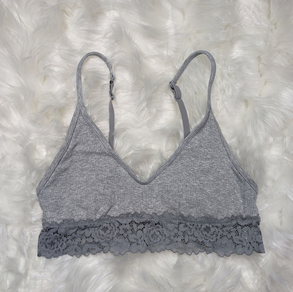 Like-New Aerie Lace Trim Grey Ribbed Knit Loungewear‎ Bralette Size Medium - Picture 1 of 5